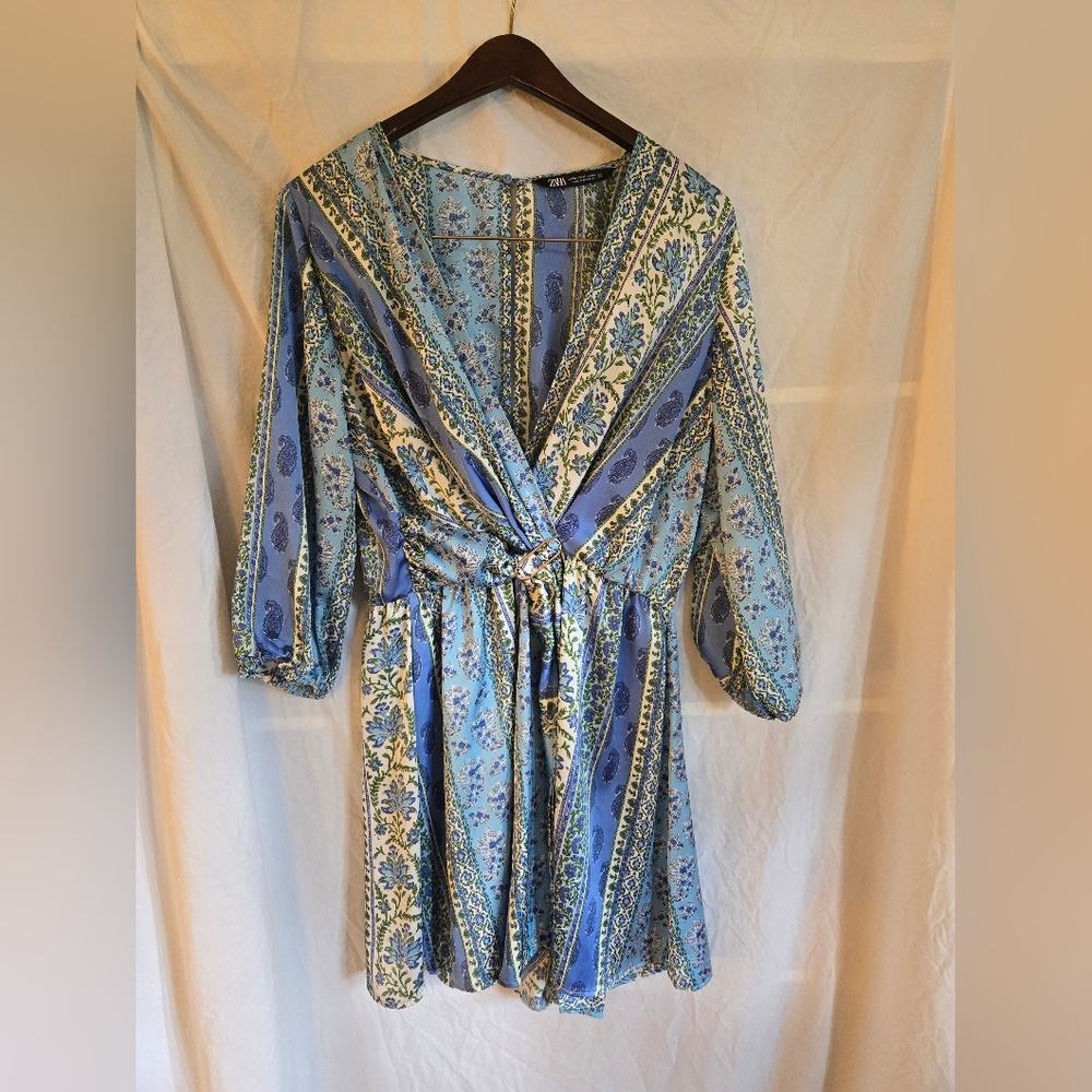 Zara Blue Paisley Patchwork Romper Size Large - image 2